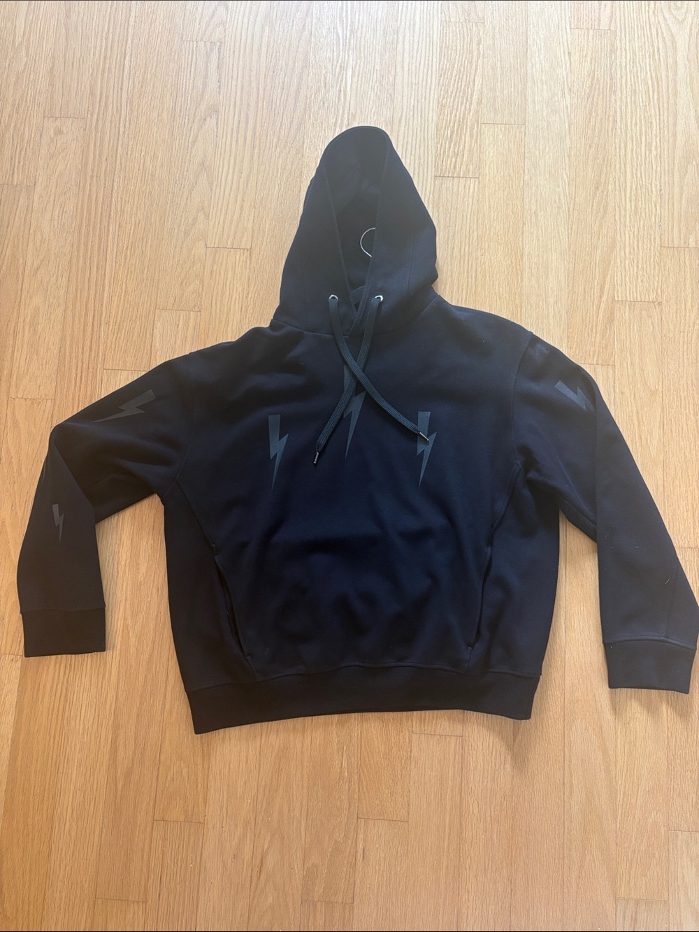 Neil Barrett Black Hoodie with Tonal Lightning Bolts